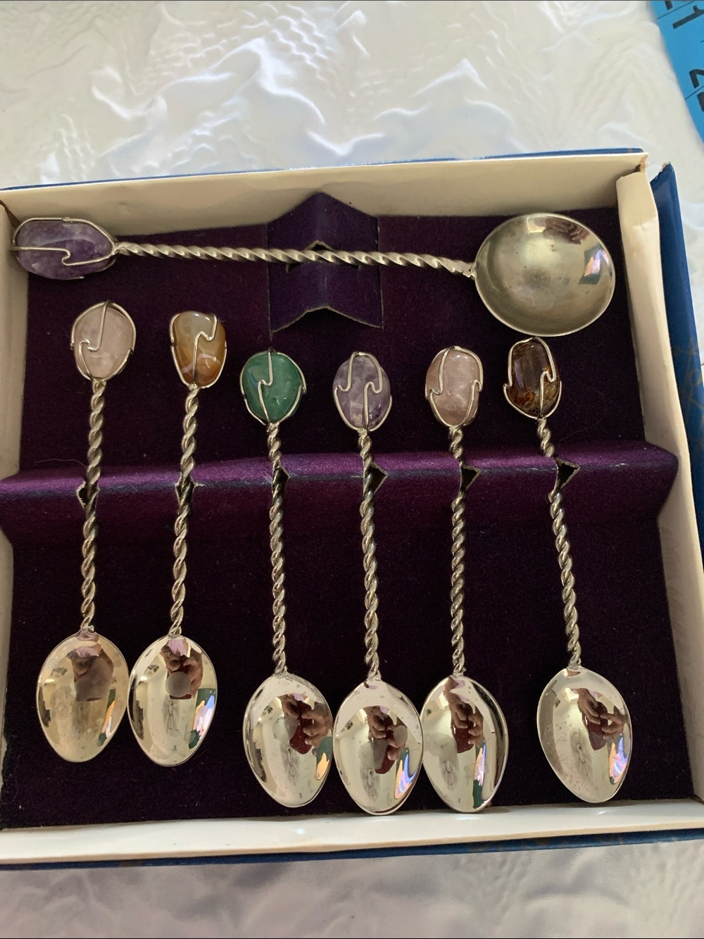 Vintage Barasch Sylmar Brasil Set 7 Twisted Stem Demitasse Spoons Caged Stones